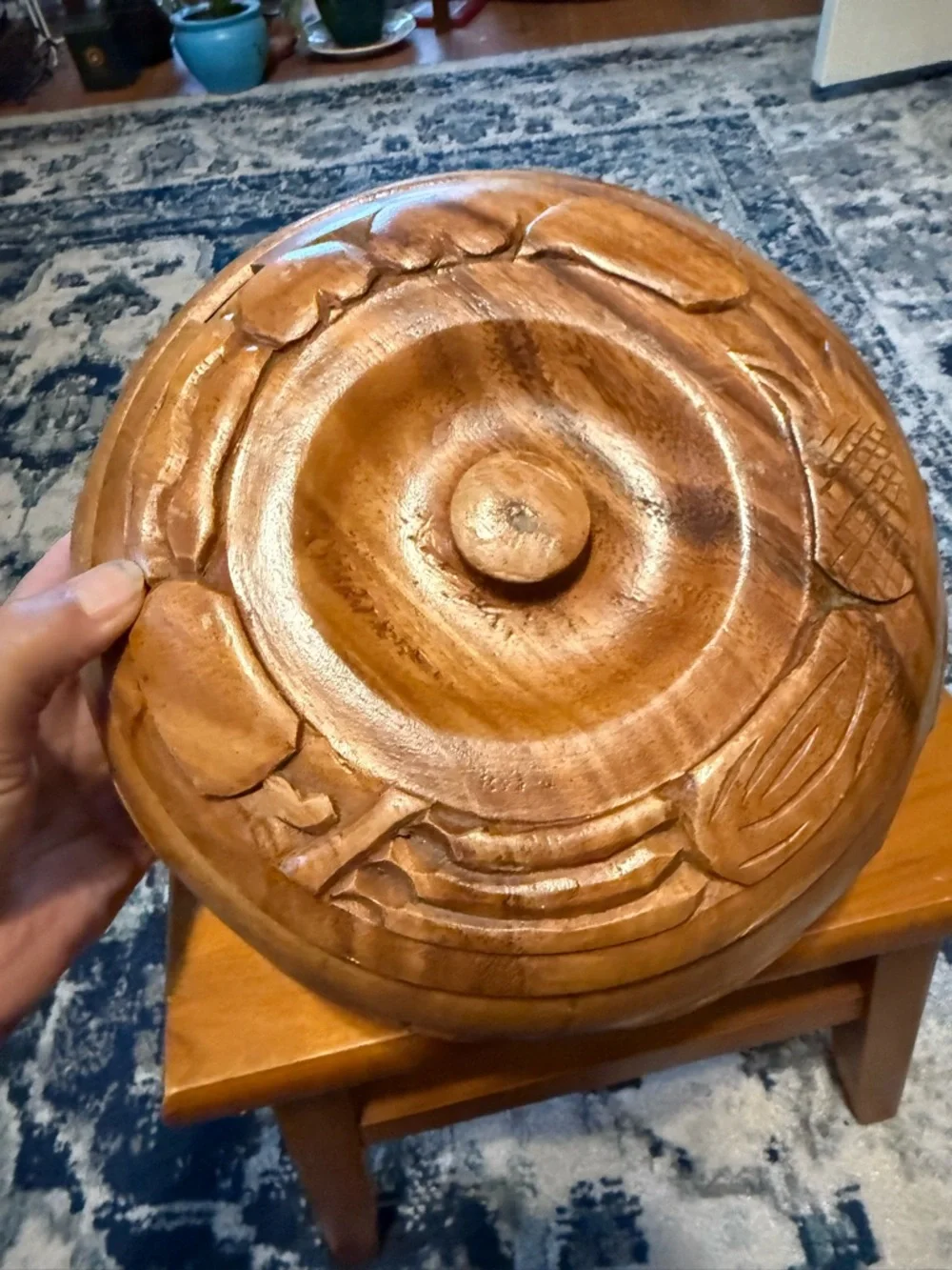 Hand Carved Vintage Wooden Lidded Bowl - Island Motif - READ description